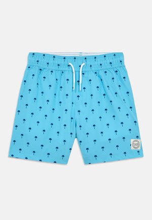 Jasnoniebieskie szorty kąpielowe z wzorem palm w kolorze granatowym. Posiadają regulowany pas z białym sznurkiem oraz naszywkę z logo na krawędzi.