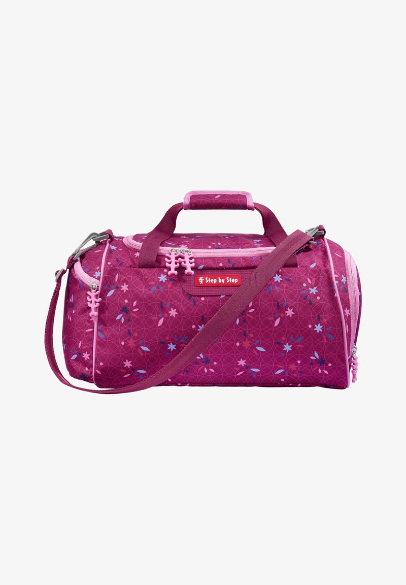 Pink duffle bag with floral patterns, fabric material, dual handles, and an adjustable shoulder strap. Features a zippered main compartment.
