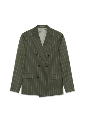 Blazer verde oliva de doble botonadura con rayas blancas, solapas con muesca, dos bolsillos delanteros y botones negros. Tejido liso y texturizado.