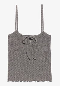 Grå strikket crop top med justerbare spagettistropper, smocket midje, snøre detalj i midten og bølget kant.
