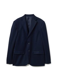 Blazer blu navy con un sottile motivo a quadri, chiusura a due bottoni, revers a punta e due tasche frontali. Tessuto di texture liscia.