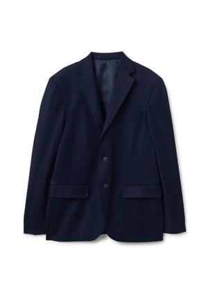 Dunkelblaues Blazer mit dezentem Karomuster, zwei Knöpfen, Reverskragen und zwei Fronttaschen. Glatter Stofftextur.