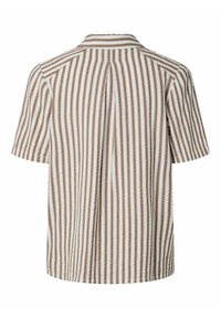 Chemise à manches courtes avec des rayures verticales marron et blanches, dotée d'un pli dans le dos et d'un col classique.
