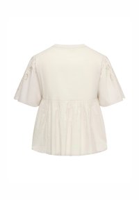 Cream short-sleeve blouse with loose fit, gathered waist, and embroidered floral details on the sleeves, shown from the back.