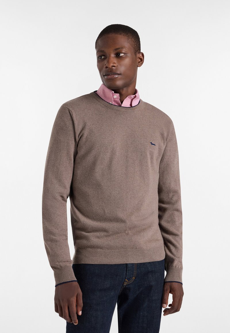 Maglione marrone lavorato a maglia con scollatura rotonda, indossato sopra una camicia colletto rosa chiaro. Presenta un piccolo logo blu sul petto.