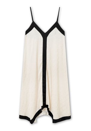 Kremowa sukienka na ramiączkach z czarnymi akcentami, z cienkimi ramiączkami, dekoltem w kształcie litery V i asymetrycznym dołem. Teksturowany materiał z delikatnymi wzorami.