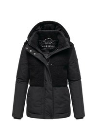 Black puffer jacket featuring a fleece-textured upper panel and hood, zip closure, and snap buttons, with a smooth lower section.