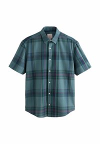 Kortærmet ternet skjorte i teal, med nuancer af grøn, marineblå og lilla, med knaplukning ved kraven og tekstureret stof.