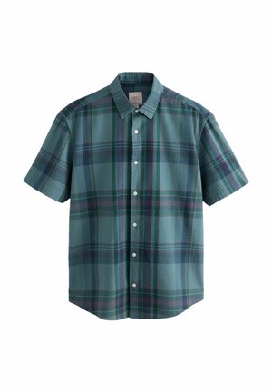 Trumpomis rankovėmis languota marškiniai žalsvai mėlyno atspalvio, su žalių, tamsiai mėlynų ir purpurinių spalvų, su mygtukais užsegamu kaklu ir struktūruota medžiaga.