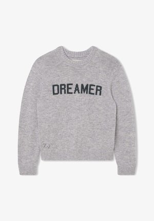 Grauer gestrickter Pullover mit gerippten Manschetten und Saum, auf dem das Wort "DREAMER" in Dunkelgrün über der Brust gedruckt ist. Weicher Stoff, runder Halsausschnitt.