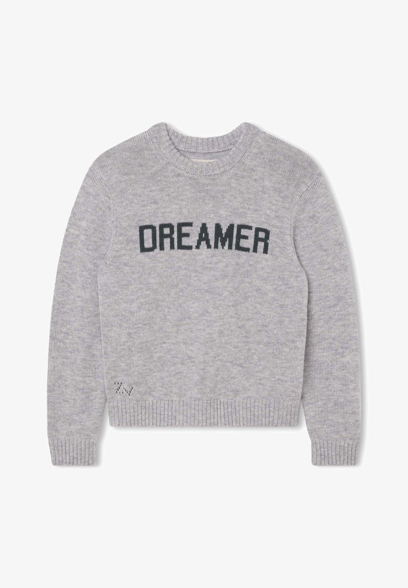 Pull en tricot gris avec des poignets et un ourlet côtelés, présentant l'inscription "DREAMER" imprimée en vert foncé sur la poitrine. Texture douce, encolure ronde.