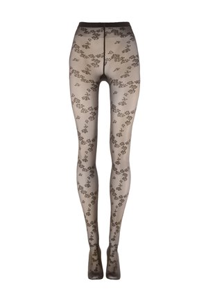 Sheer beige tights with scattered small dark floral patterns and a dark waistband.
