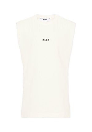 Mouwloos wit MSGM T-shirt met lichte schoudervulling en zwart MSGM-logo midden op de borst. Geen andere details zichtbaar.