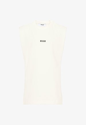 Mouwloos wit MSGM T-shirt met lichte schoudervulling en zwart MSGM-logo midden op de borst. Geen andere details zichtbaar.