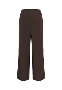 Bruine wijde broek met een elastische tailleband, gemaakt van een soepele stof, zonder zakken of opvallende details, die een relaxte pasvorm biedt.