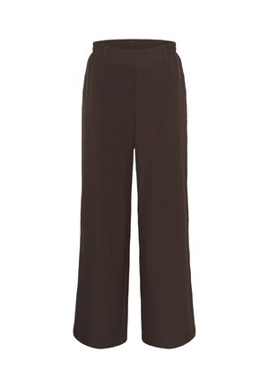 Pantalones de pierna ancha marrones con cinturilla elástica, confeccionados en un tejido suave, sin bolsillos ni detalles prominentes, que ofrecen un ajuste relajado.