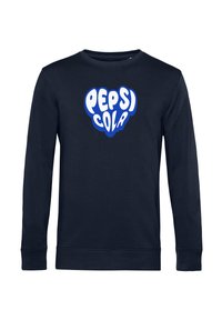 Felpa in cotone blu navy con una grande grafica "PEPSI COLA" bianca e blu in stile scrittura a bolle sul davanti. Maniche lunghe.