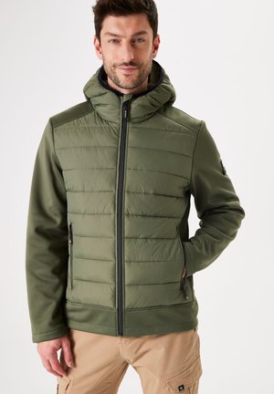 Olive green puffer jacket with a zip front and hood, featuring quilted texture and side pockets. Durable fabric with a smooth finish.