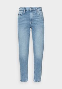 Ljusblå denim jeans med rak skärning, fem fickor, bältesömmar och subtil blekning, med dragkedja och knapplås.