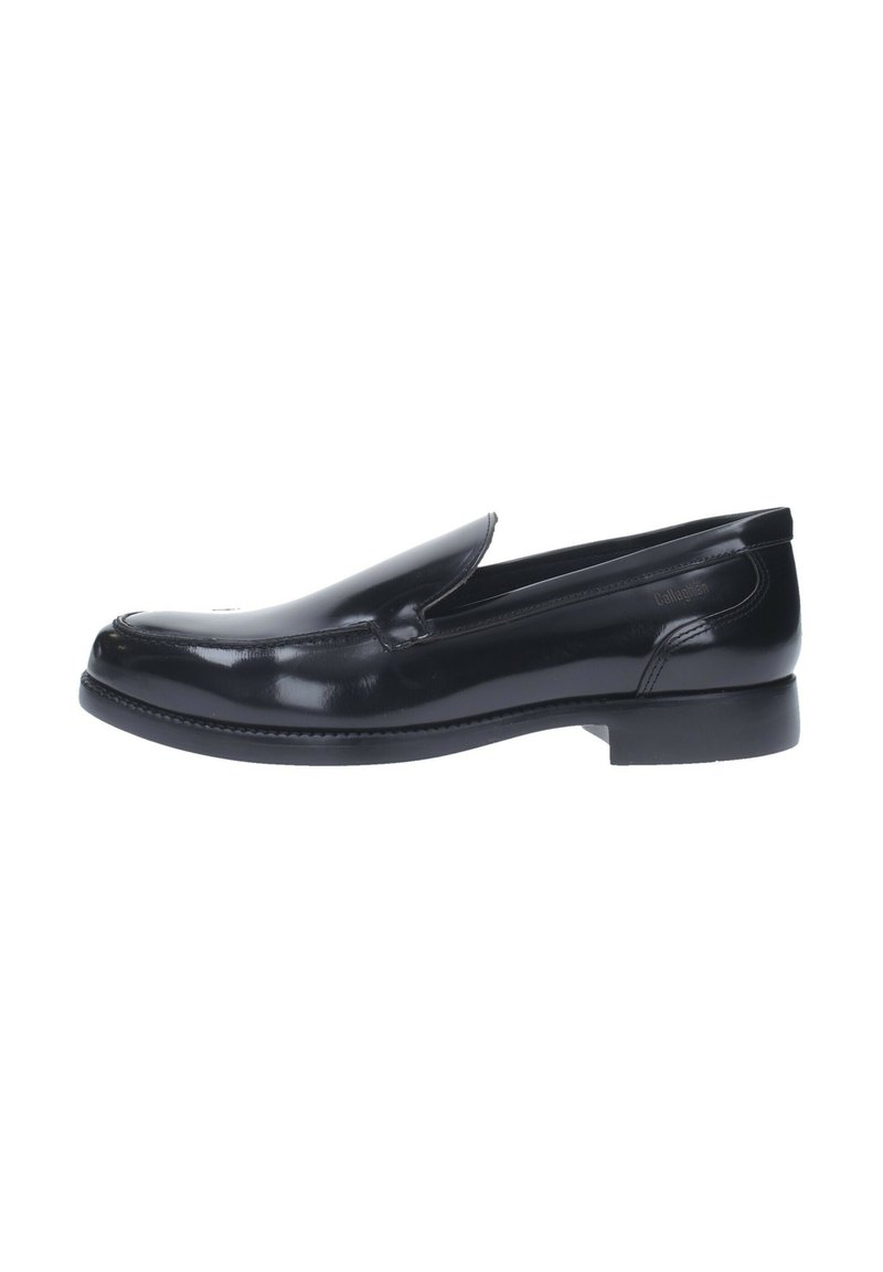 Scarpa slip-on in pelle nera con finitura liscia, punta arrotondata, tacco basso e dettagli di cucitura discreti sulla parte superiore.