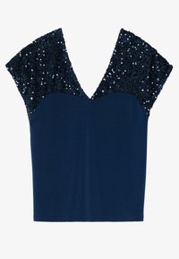 Top navy con scollo a V, caratterizzato da maniche corte a cappuccio decorate con paillettes. Tessuto liscio sotto, silhouette aderente.