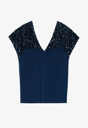 Laivastonsininen toppi V-pääntiellä, jossa on lyhyet hihattomat hihat, joita koristavat paljetit. Sujuva kangas alhaalla, tiukka siluetti.