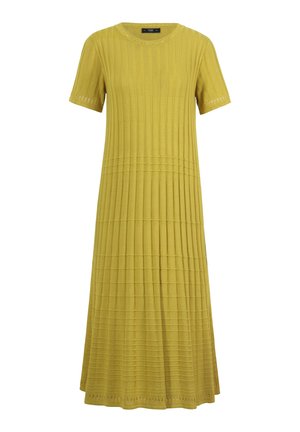 Long yellow dress with short sleeves, ribbed texture, and vertical pleats. Features decorative stitching near the hem and sleeves.