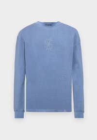 Felpa blu a maniche lunghe in morbido cotone, con un delicato logo ricamato sul petto e polsini e scollatura a costine.