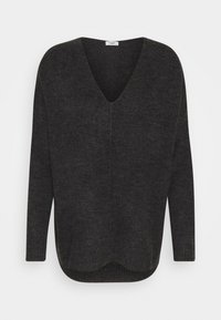 Maglione grigio scuro lavorato a maglia con scollatura a V, maniche lunghe e orlo curvo. Morbido al tatto e dal taglio rilassato.