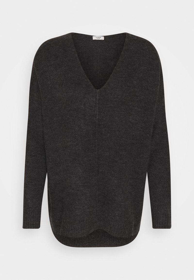 Maglione grigio scuro lavorato a maglia con scollatura a V, maniche lunghe e orlo curvo. Morbido al tatto e dal taglio rilassato.