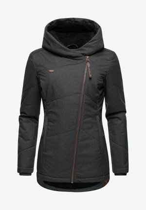 Dark gray jacket with a high collar, zippered front, and quilted pattern. Features brown zipper and tag, with a soft inner lining.