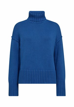 Maglione blu a collo alto, con un motivo testurizzato spesso, polsini e orlo a costine, dal taglio rilassato e con cuciture delle spalle scese.