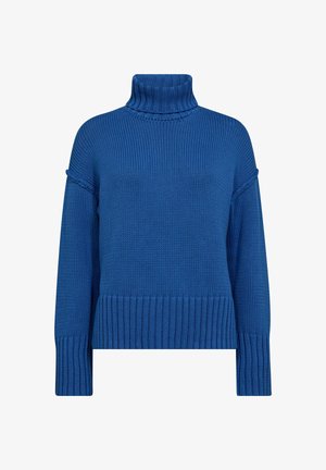 Sininen neuleoversize-pooloneule, jossa on paksu tekstuuri, ribbetty hihansuut ja helma, rento istuvuus ja roikkuvat olkaimet.