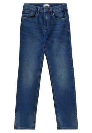 Tummansinisiä farkkuja suoran lahkeen muotoilulla, joissa on viisi taskua, painonappisulku ja näkyvät ompeluyksityiskohdat.