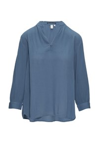 Lichtblauwe blouse van gestructureerde stof, met een V-hals en een knoop, lange mouwen en een losse pasvorm met zijsplitten.