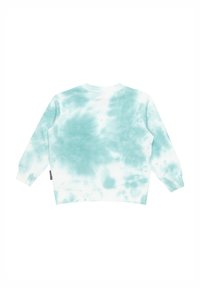 Svetle modrý mikina s tie-dye vzorem, ribbovanými manžetami a výstřihem. Měkká textilie, dlouhé rukávy a vyšitá etiketa na boku.