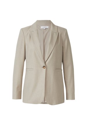 Beige maßgeschneiderter Blazer, mit Reverskragen, einreihiger Knopfverschluss, zwei vordere Taschen, taillierte Passform, aus strukturiertem Stoff gefertigt.