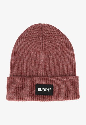 Strickmütze in einem staubigen Rosaton mit gerippter Textur und umgeschlagenem Bündchen. Auf der Vorderseite befindet sich ein schwarzes SLOPE-Logopatch.