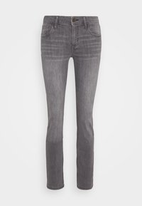 Gray denim jeans with a slim fit, five pockets, and a front button closure. Smooth texture and subtle fading detail along the legs.
