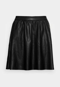 Zwarte leren rok met een brede tailleband, voorzien van plooien voor extra volume, een gladde textuur en een losse A-lijn vorm.