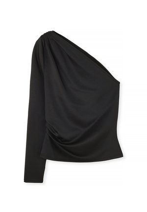Black one-shoulder top in smooth fabric with draped detailing; features a long sleeve on one side and a fitted silhouette.