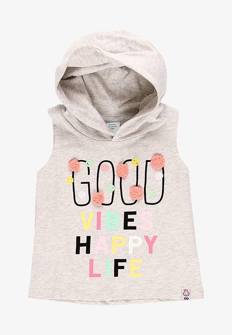 Light gray sleeveless hooded top with colorful pom-poms and text "GOOD VIBES HAPPY LIFE" in mixed colors and fonts.