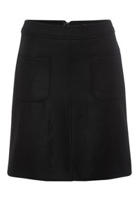 Zwarte klokrok van zachte stof, met een rits in de taille, twee frontzakken en een strakke lijn met minimale steekdetails.