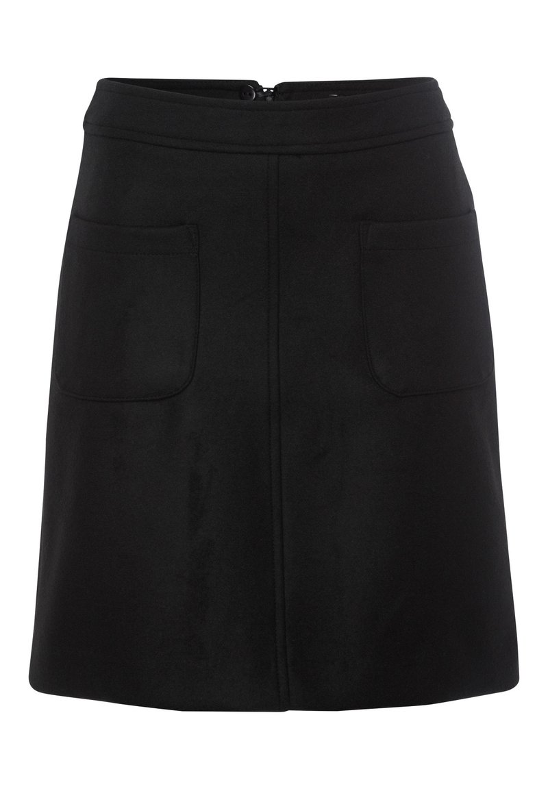 Zwarte klokrok van zachte stof, met een rits in de taille, twee frontzakken en een strakke lijn met minimale steekdetails.