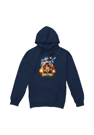 Marineblauer Kapuzenpullover mit einem Harry-Potter-Filmplakatdruck mit Charakteren, Kerzen und einer Schnee-Eule in einem magischen Thema.
