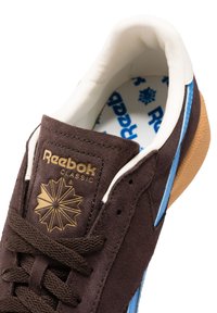 Sneaker in suede marrone con accenti azzurri chiari, dotato di un logo dorato e dettaglio a stella. La fodera interna bianca e i lacci marroni completano il design.