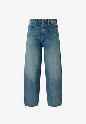 Svetlomodré džínsy s rovnými nohavicami, vysokým pásom, prednými vreckami a vyblednutými detailmi na látke.