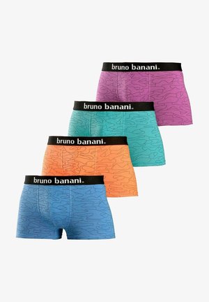 Vier Paare Boxershorts in verschiedenen Farben: lila, türkis, orange und blau, jeweils mit einem schwarzen Bund, der das Logo "bruno banani" und ein wellenförmiges Muster trägt.