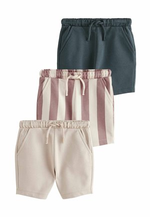 Tre par småbørnsshorts med elastiske taljebånd og bindebånd i ensfarvet mørkeblå, lodrette lyserøde og hvide striber og ensfarvet beige.