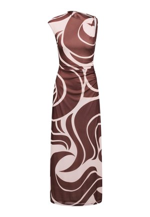 Robe longue sans manches avec un motif abstrait de tourbillons marron et beige et des détails froncés sur un côté.